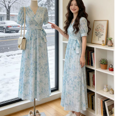 批发韩版印花中长款法式新款A字裙<b class='q'>v领</b>显瘦黑色短袖开叉淑女风复古夏季