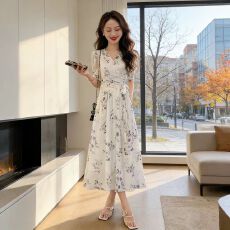 批发法式碎花气质连衣裙女装2026新款夏装收腰显瘦中长款短袖<b class='q'>V领</b>裙子