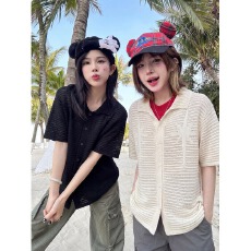 批发美式c慵懒镂空薄款<b class='q'>开衫</b>短袖衬衫男女款夏季老钱风高级感针织