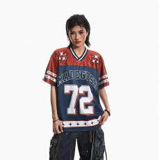 批发2026美式<b class='q'>街头</b>球女小众撞色拼接网面短袖夏季T恤男女橄榄球上衣