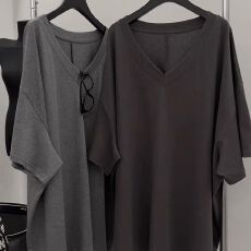 批发大领口V领短袖T恤女夏季韩版宽松<b class='q'>大码</b>中长款打底衫慵懒风纯棉上衣