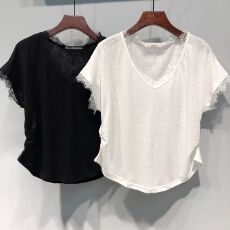批发官图雪花棉V领蕾丝花边短袖T恤女夏季宽松韩版打底衫正肩半袖上衣