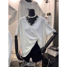 批发官图雪花棉蕾丝花边拼接V领短袖T恤女夏季韩版宽松百搭休闲上衣