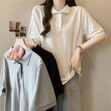 批发实拍珠地Polo领短袖T恤女夏季韩版宽松显瘦设计感小众纽扣上衣潮