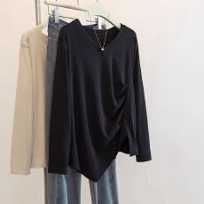 批发2026年春秋新款胖MM大码<b class='q'>宽松</b>纯色V领别致设计感长袖<b class='q'>打底衫</b>上衣女