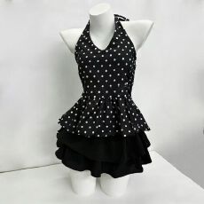 批发夏季小众波点印花挂脖吊带背心女黑色<b class='q'>蓬蓬</b>松紧腰半身裙防走光套装