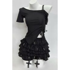 批发黑色暗黑哥特十字架设计感<b class='q'>蓬蓬</b>短裙防走光显瘦抽绳短袖上衣套装女