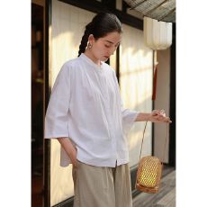 批发夏季新款百搭短袖<b class='q'>开衫</b>宽松显瘦女文艺复古简约风棉麻中袖衬衫上衣