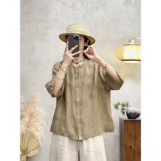 批发休闲气质夏季新款<b class='q'>开衫</b>宽松显瘦女文艺复古简约风棉麻短袖衬衫上衣