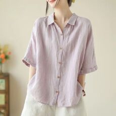 批发棉麻休闲简约风短袖衬衫上衣夏季新款薄款小清新POLO领宽松<b class='q'>开衫</b>女