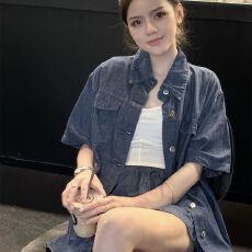批发2026夏休闲百搭翻领短袖牛仔衬衫+松紧高腰阔腿短<b class='q'>裤</b>两件套