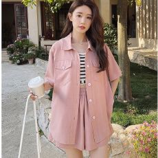 批发甜桃少女粉色短袖外套上衣斜纹短<b class='q'>裤</b>女2026夏季活泼减龄两件套