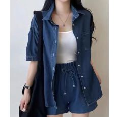 批发大码<b class='q'>时尚</b>套装女夏季短袖仿牛仔薄款外套吊带背心胖MM休闲裤子套装