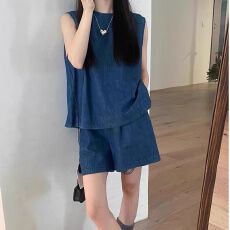 批发2026新款仿牛仔背心套<b class='q'>装</b>女夏季韩系显瘦无袖上衣松紧腰短<b class='q'>裤</b>两件套