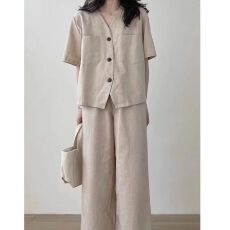 批发2026日系复古无领短袖上衣休闲阔腿裤<b class='q'>时尚</b>轻熟风洋气两件套装女夏