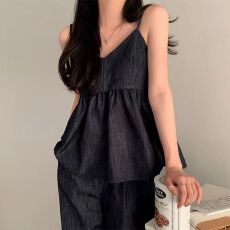 批发韩国chic夏季新款减龄仿牛仔吊带背心休闲百搭松紧腰直筒<b class='q'>裤</b>套<b class='q'>装</b>