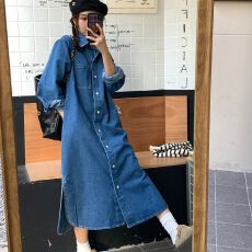 批发韩国chic春秋简约翻领单排扣宽松<b class='q'>衬衫</b>裙休闲长款牛仔连衣裙女秋季