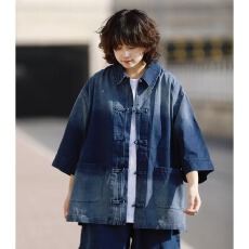 批发日系复古新中式水洗牛仔七分袖衬衫<b class='q'>男</b>女休闲宽松中国风衬衣