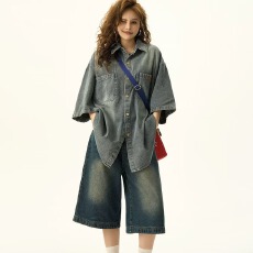 批发夏季美式小众复古<b class='q'>牛仔</b>衬衫男女同款短袖宽松休闲设计感夹克外套潮