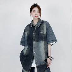 批发夏季美式小众复古<b class='q'>牛仔</b>衬衫男女同款短袖宽松休闲设计感夹克外套潮