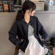 批发春夏韩国chic小众百搭立领暗扣宽松休闲小个子长袖拉链夹克外套女