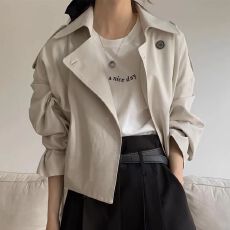 批发韩国chic春夏法式复古西装领两粒扣宽松休闲长袖短款风衣外套女
