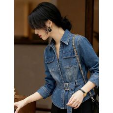 批发韩系蓝色收腰显瘦<b class='q'>牛仔</b><b class='q'>外套</b>女春季新款高级感气质翻领短款夹克<b class='q'>上衣</b>