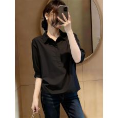 批发复古<b class='q'>休闲</b>风气质翻领黑色衬衫女夏季大码胖妹妹高级感百搭显瘦上衣