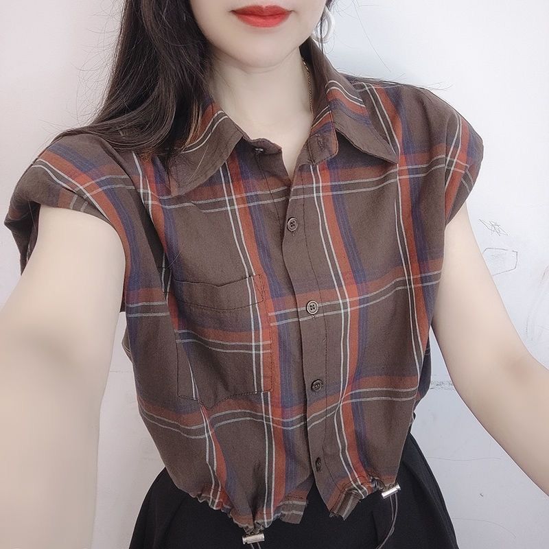 항구 바람 레트로 polo 민소매 격자 무늬 셔츠 여름 슬림해 보이는 루즈핏 펌프 로프 캐주얼 쇼트 스타일 작은 키 맨위 여성