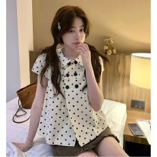 批发夏季新款法式双排扣波点女<b class='q'>衬衫</b>设计感洋气俏皮短袖上衣