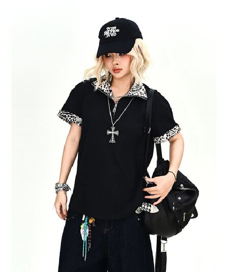 시각 부서 아메리칸 레트로 레오파드 무늬 하프 지퍼 POLO 셔츠 남자 2026 배색 패치워크 폴로 칼라 반팔 맨위