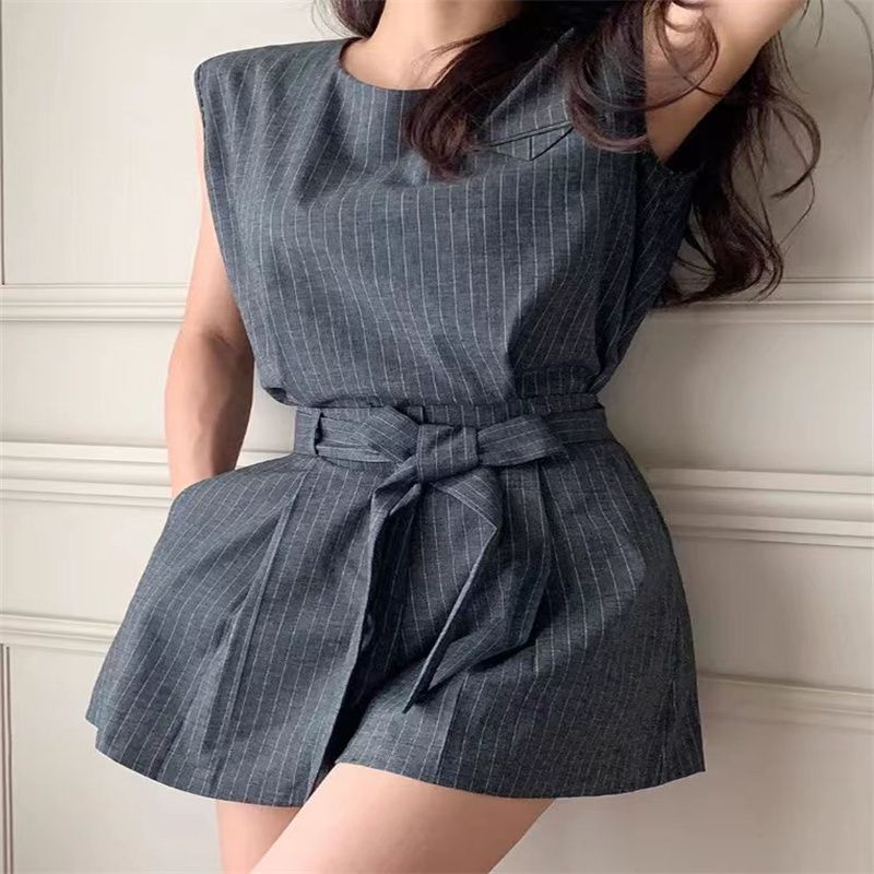 한국 chic 여름 작은 대중 품격 스트라이프 조끼 셔츠 스트랩 나비 매듭 넓은 다리가 짧다. 바지 치마바지 세트