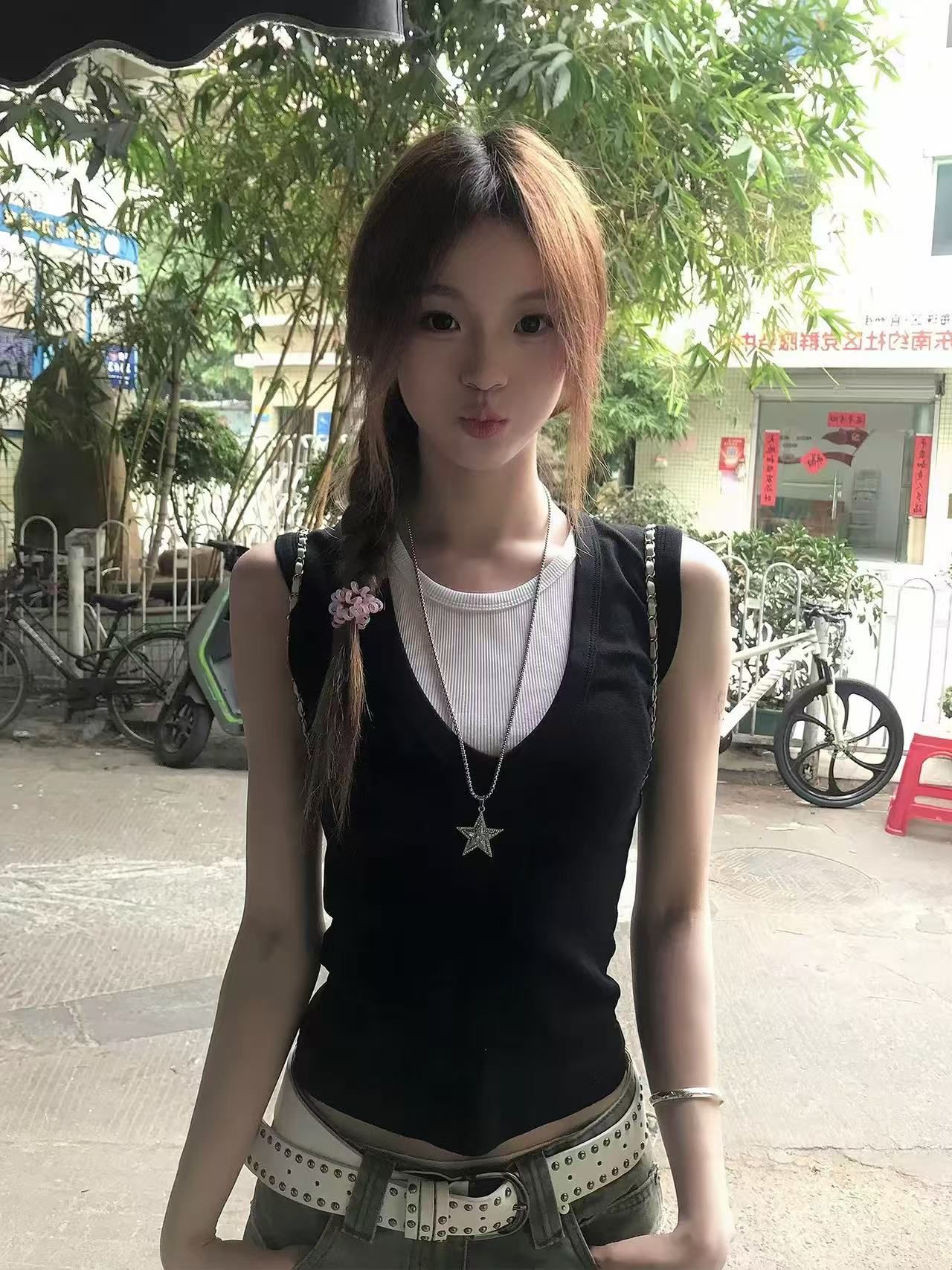 40 210 그램 92 면 8 암모니아 Lun 한 부서 패치워크 페이크 레이어드 라운드 넥 민소매