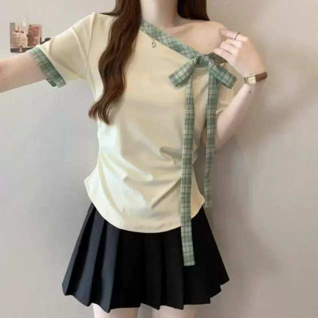 40 순면 아메리칸 달콤한 매운맛 바람 체크무늬 스트랩 나비 매듭 비스듬한 어깨 반팔 티셔츠 여성