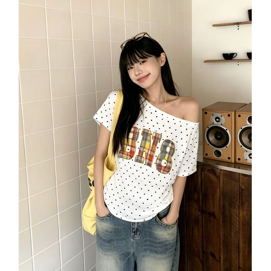 220 그램 40 1 1 순면 여름 새로운 한 부서 도트 무늬 비스듬한 칼라 오프숄더 프린트 섹션 반팔 티셔츠 여성