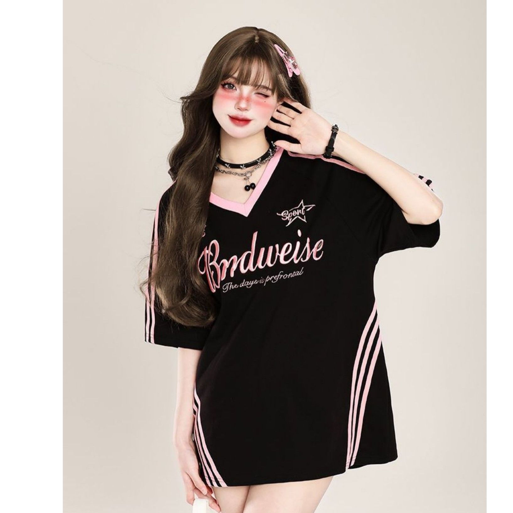 좋은 솜씨 원본 자수 리본 19 지점 220 그램 케이블 루오 Na 네클라인 반팔 티셔츠 여성
