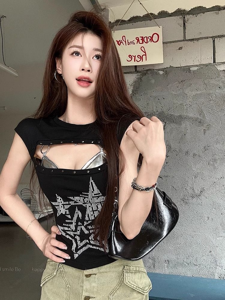 원본 뜨거운 구슬 40 92 면 8 암모니아 Lun 아메리칸 핫걸 홀로우 아웃 티셔츠 여성 2026 여름 몸매 가꾸기 슬림해 보이는 맨위