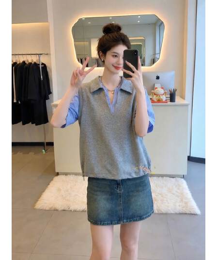 고급 스트라이프 셔츠 패치워크 POLO 칼라 반팔 티셔츠 여성 여름 새로운 빅 사이즈 지방 mm 루즈핏 맨위