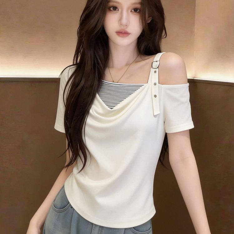 고유 한 다용도 오프숄더 스트라이프 패치워크 흔들다 칼라 반팔 2026 여름 새로운 디자인 센스 품격 슬림해 보이는 작은 셔츠