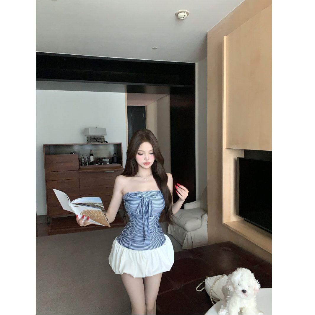 한 부서 부드러운 바람 디자인 센스 스트라이프 튜브탑 여성 드레스 여름 새로운 허리 수축 슬림해 보이는 다용도 꽃밭 미니 스커트