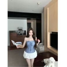 批发韩系温柔风设计感条纹抹胸<b class='q'>连衣裙</b>女夏季新款收腰显瘦百搭花苞短裙