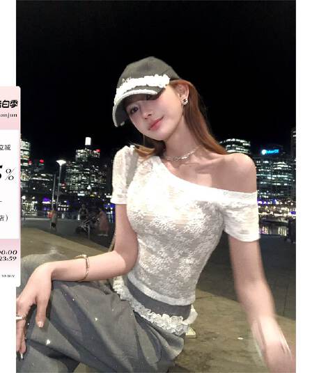 리 부드럽게 6 월 하나 의류 세 착용 작은 대중 디자인 비스듬한 어깨 레이스 티셔츠 여성 몸매 가꾸기 슬림해 보이는 반팔 맨위