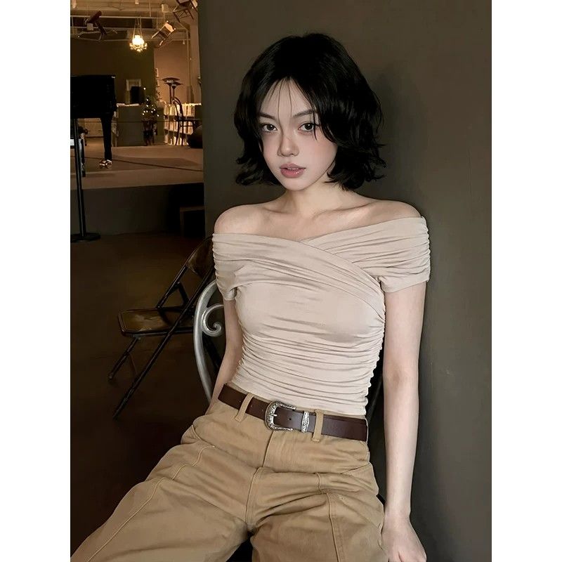 260 그램 사람들 면 디자인 센스 오프숄더 맨위 여성 여름 한 부서 펌프 Pleat 슬림해 보이는 반팔 몸매 가꾸기 핫걸 티셔츠