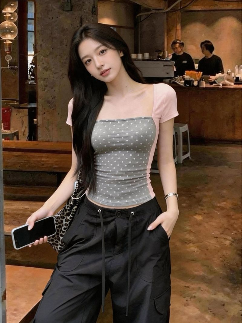 260 그램 사람들 면 모달 유럽 한 패션 여름 페이크 레이어드 도트 무늬 배색 반팔 티셔츠 여성 몸매 가꾸기 슬림해 보이는 켜기