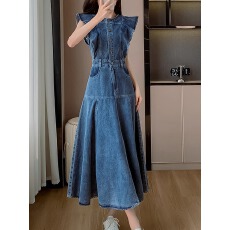 批发大码今年流行漂亮荷叶边<b class='q'>牛仔</b>连衣裙女飞飞袖减龄气质过膝<b class='q'>长裙</b>胖mm