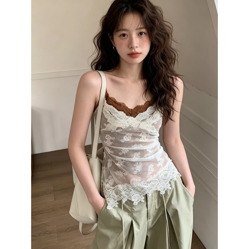 원본 원단 것 순수한 욕망 바람 배색 캐미솔 여름 레이스 조각 섹시함 페이크 레이어드 맨위