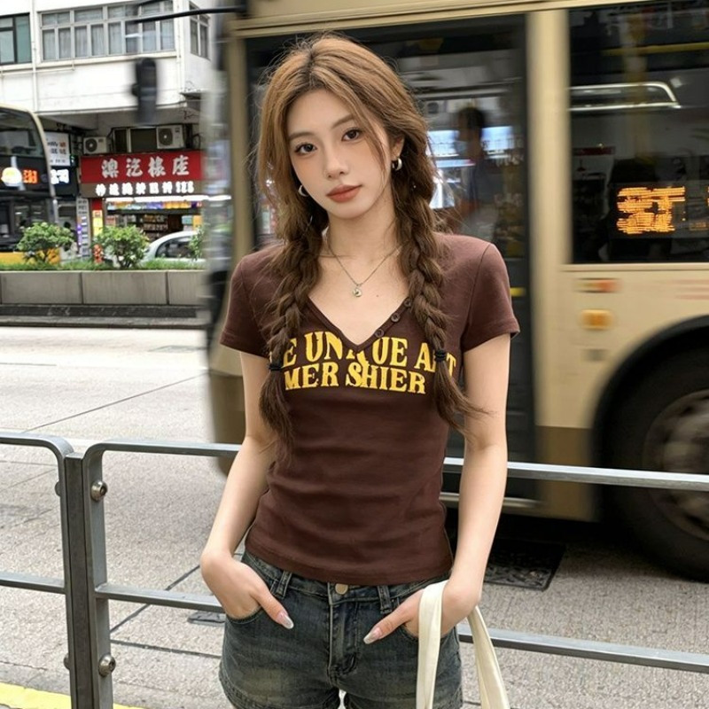 210 그램 40 순면 알파벳 프린트 V넥 반팔 티셔츠 여성 몸매 가꾸기 맨위