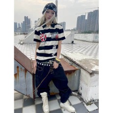 批发亚文化小众设计感条纹polo衫男士街头<b class='q'>嘻哈</b>字母印花短袖痞帅上衣