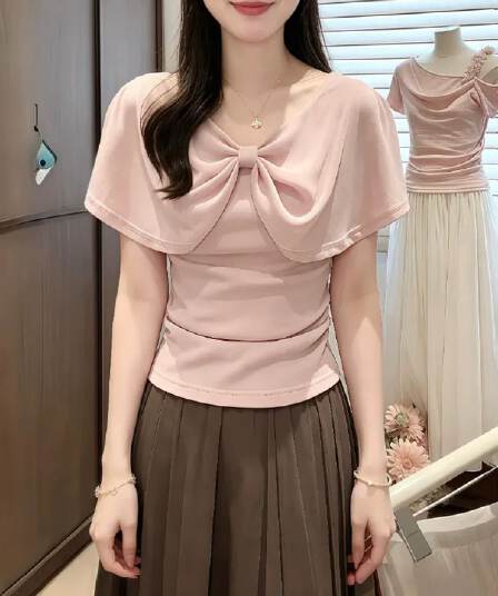 빅 사이즈 통통한 여동생 부드러운 윈디 나비 매듭 망토 소매 티셔츠 여성 여름 새로운 고유 한 아름다운 연령 감소 맨위