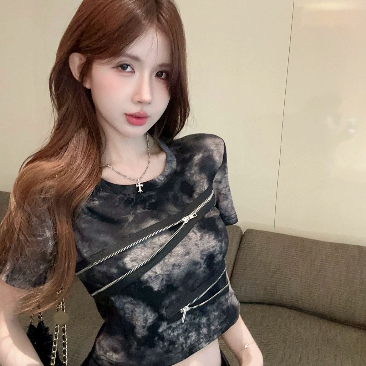210 그램 40 좋은 면 당겨서 긍정적 인 어깨 반팔 티셔츠 여성 레트로 작은 대중 몸매 가꾸기 핫걸 작 은 흐름 헤일로 염료에 의류 여성